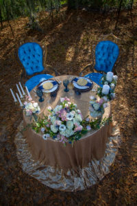 Two tufted sapphire chairs bring the bride and groom together.